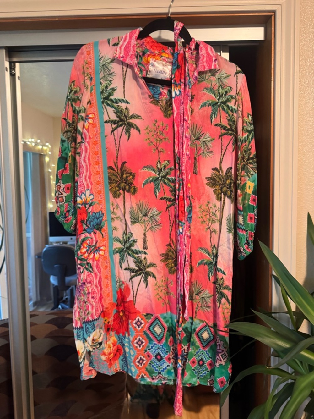 Lulalife Pink Tropical Palm Print Dress